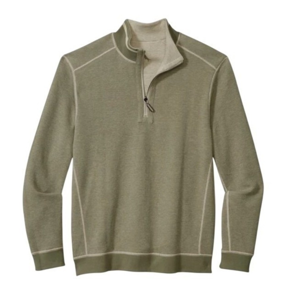 Tommy Bahama Mens 2XLB New Flip Coast Reversible Half-Zip Pullover Sisal Heather - Picture 2 of 12
